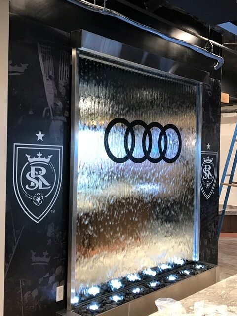 Mirror glass water wall waterfall for audi lounge at rio tinto soccar stadium in salt lake city utah 4 rotated